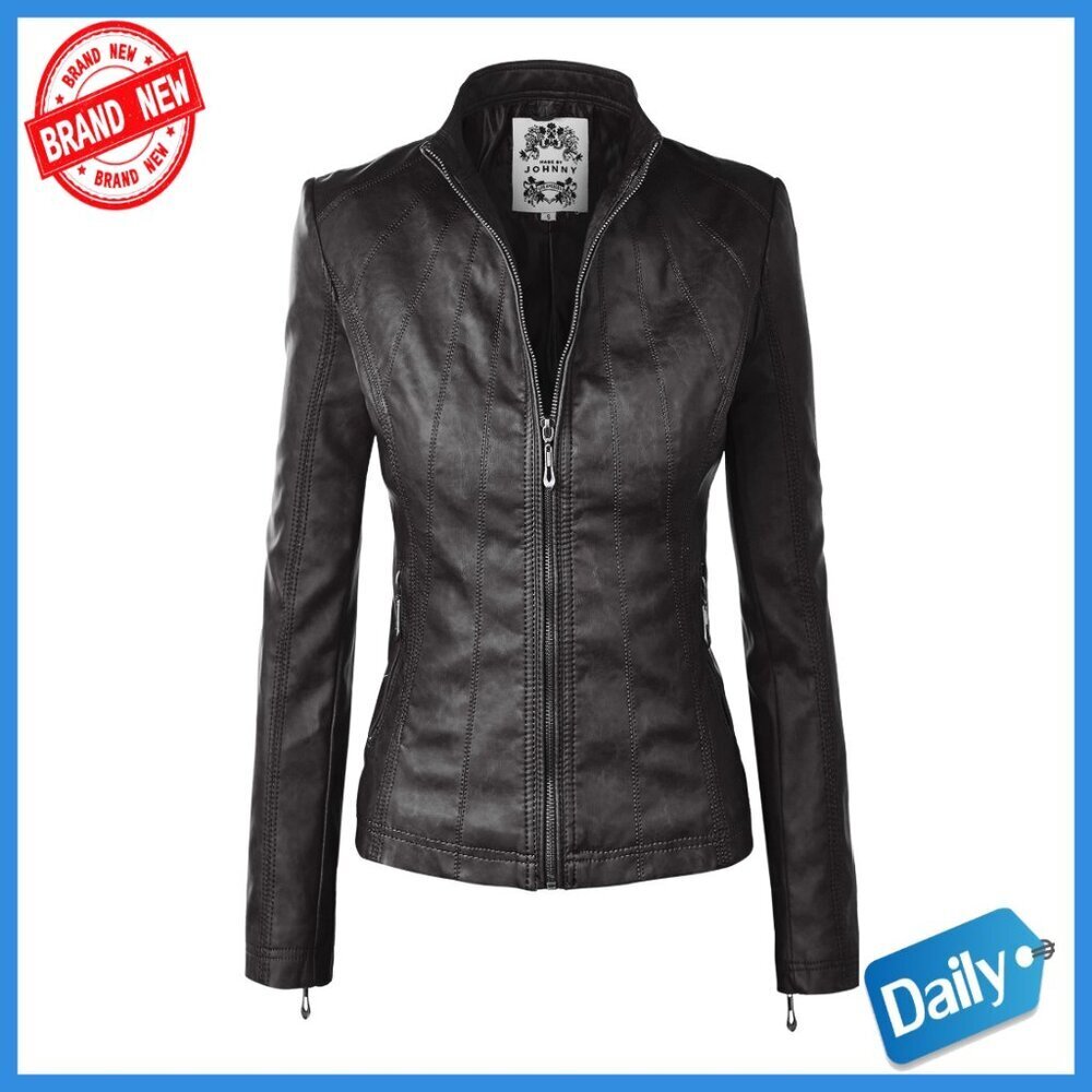 Faux Leather Moto Jacket with Zippered Pockets, Classic Fit
